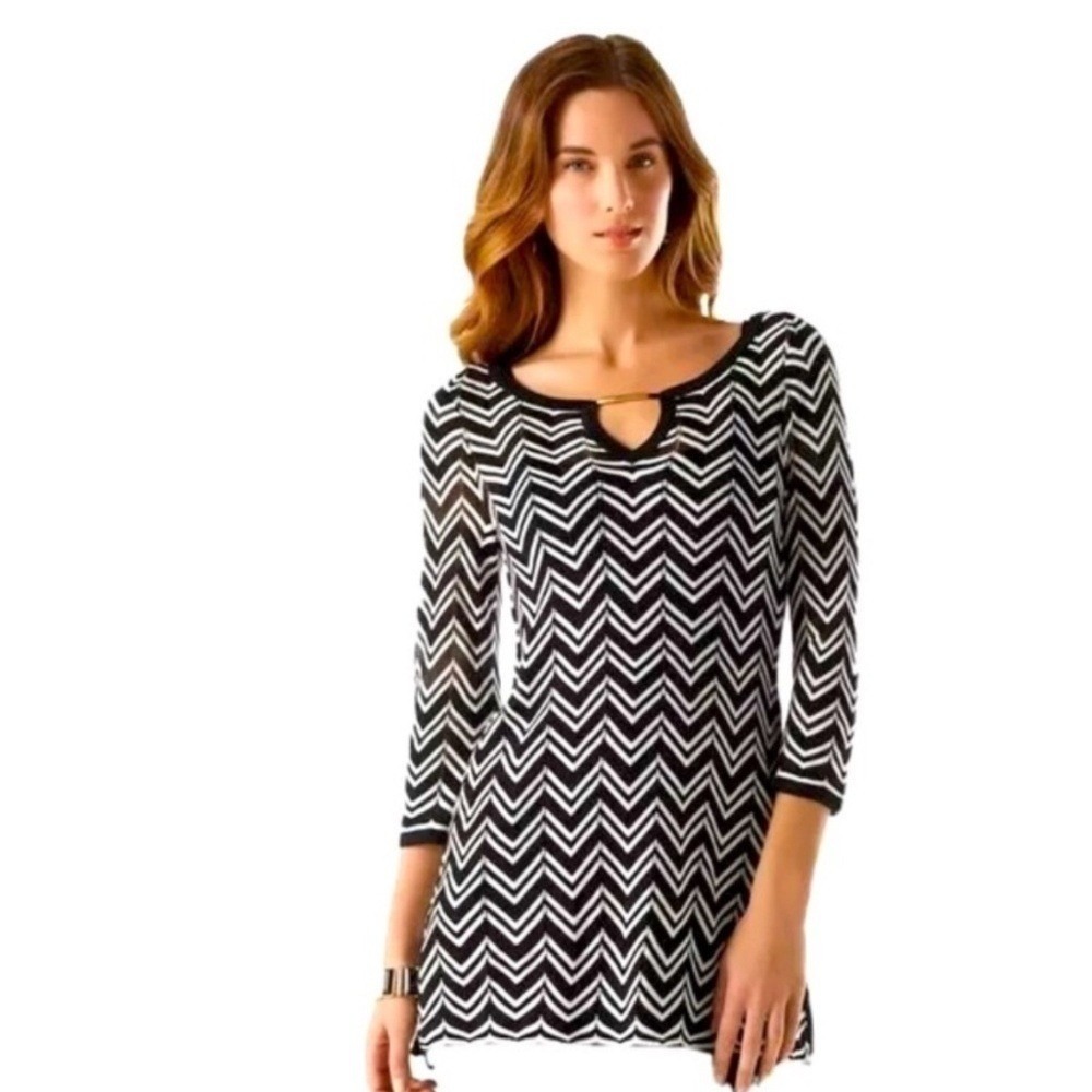 WHBM Sz M Chevron Stripes Tunic Cover Up Blouse Dress Open Knit V Neck Pullover